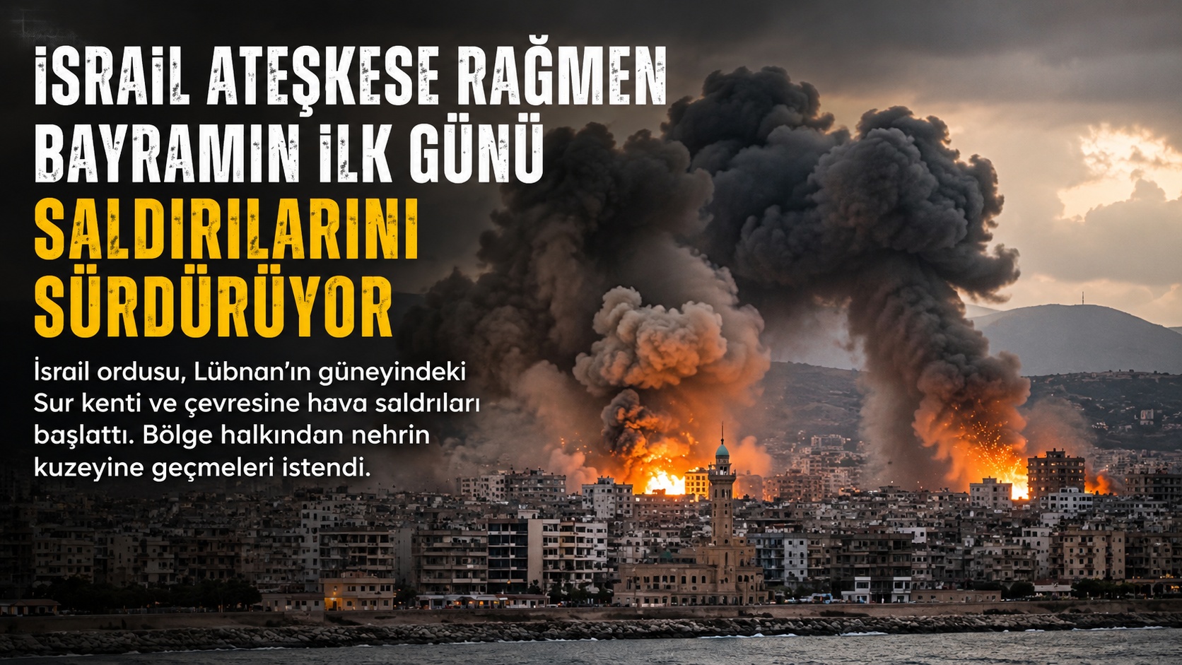 İsrail’in Lübnan’ın güneyindeki Sur kenti ve çevresine düzenlediği hava saldırıları sonrası yükselen yoğun dumanlar ve şehir görünümü