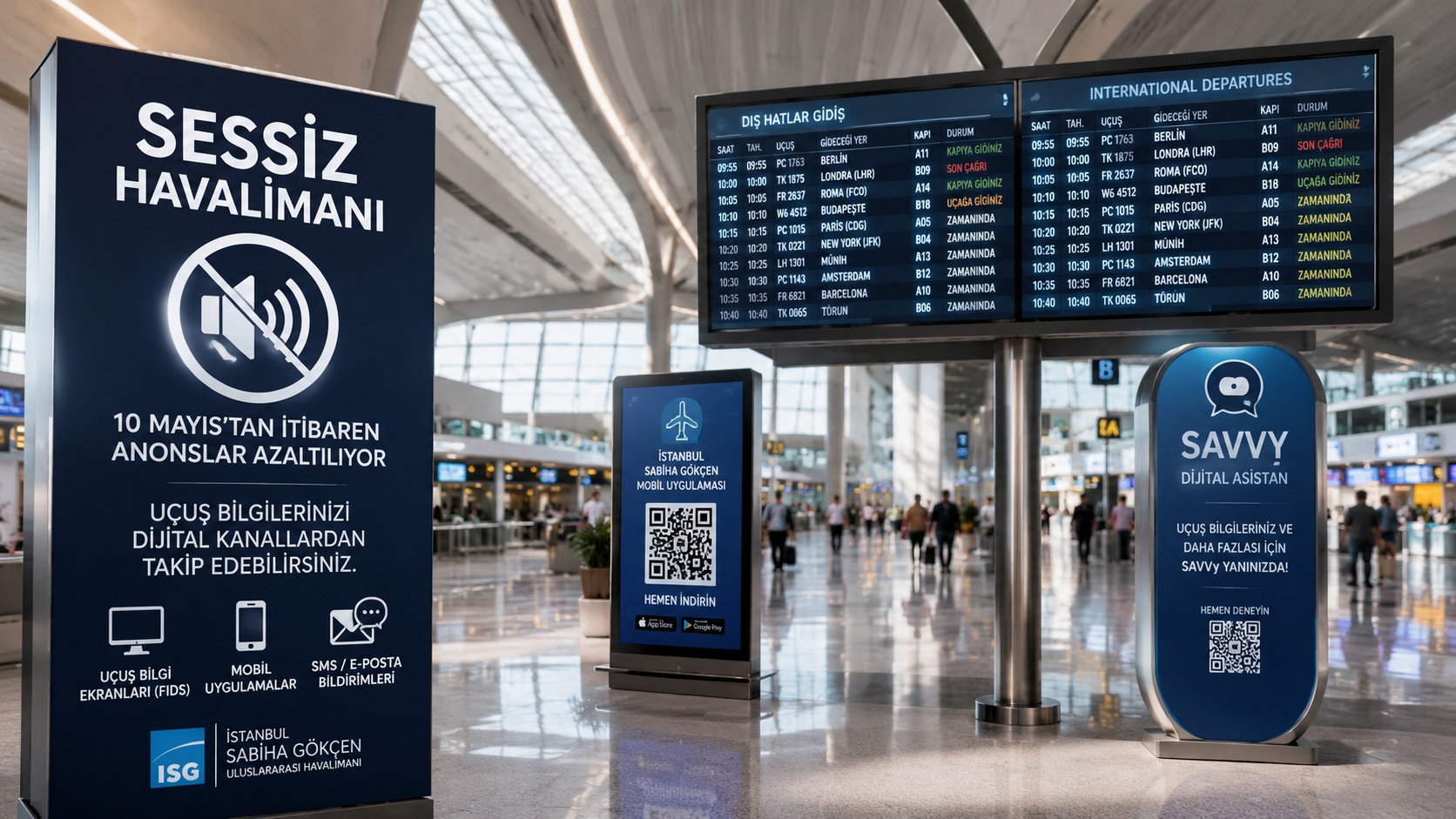 Sabiha Gökçen Havalimanı terminalinde dijital uçuş ekranları ve sessiz havalimanı uygulaması