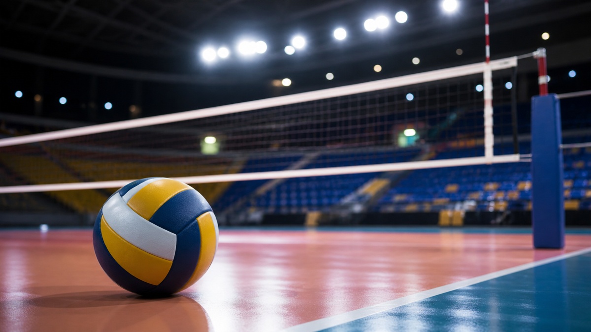 Kapalı spor salonunda voleybol sahası ve file önünde duran voleybol topu