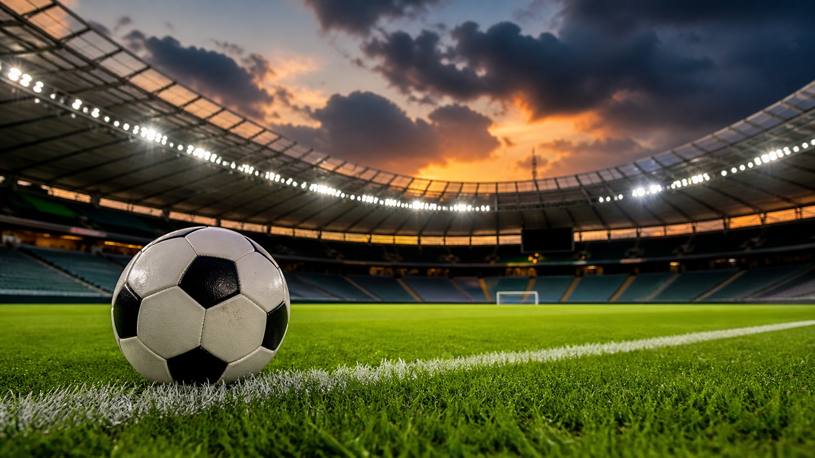 Futbol sahasında top ve stadyum atmosferini gösteren boş tribünlü görüntü