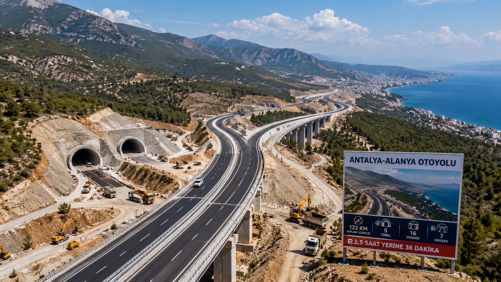 Antalya-Alanya Otoyolu Projesi kapsamında viyadükler, tüneller ve devam eden yol çalışmaları