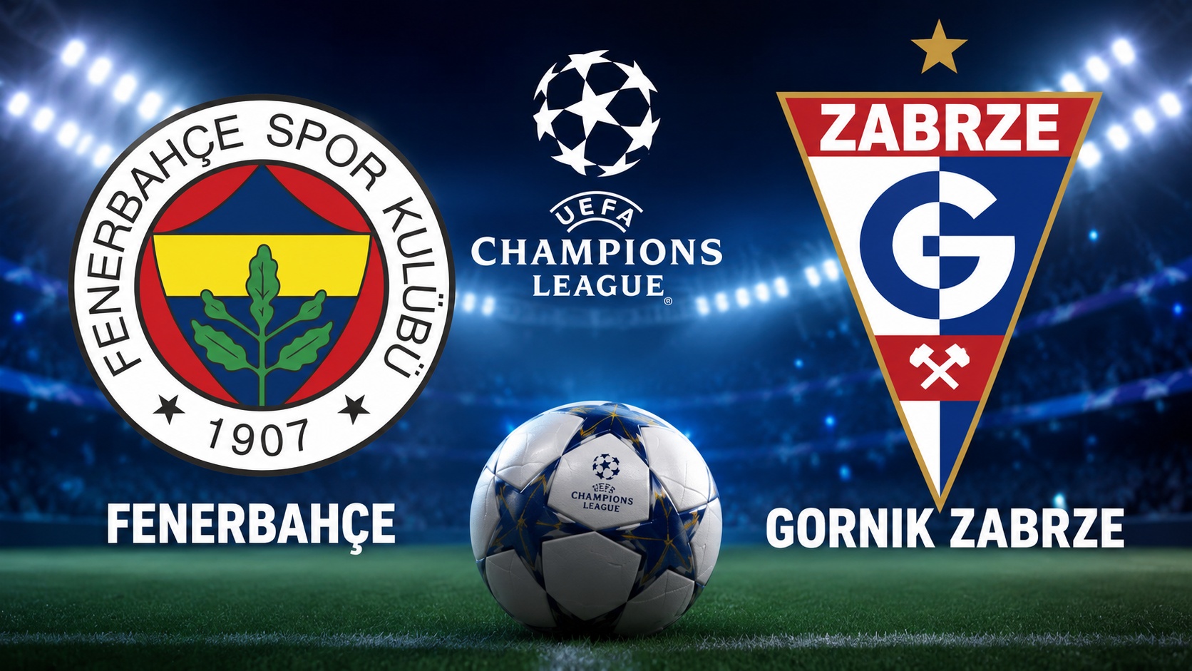 UEFA Şampiyonlar Ligi'nde Fenerbahçe ile Gornik Zabrze eşleşmesini temsil eden futbol temalı görsel