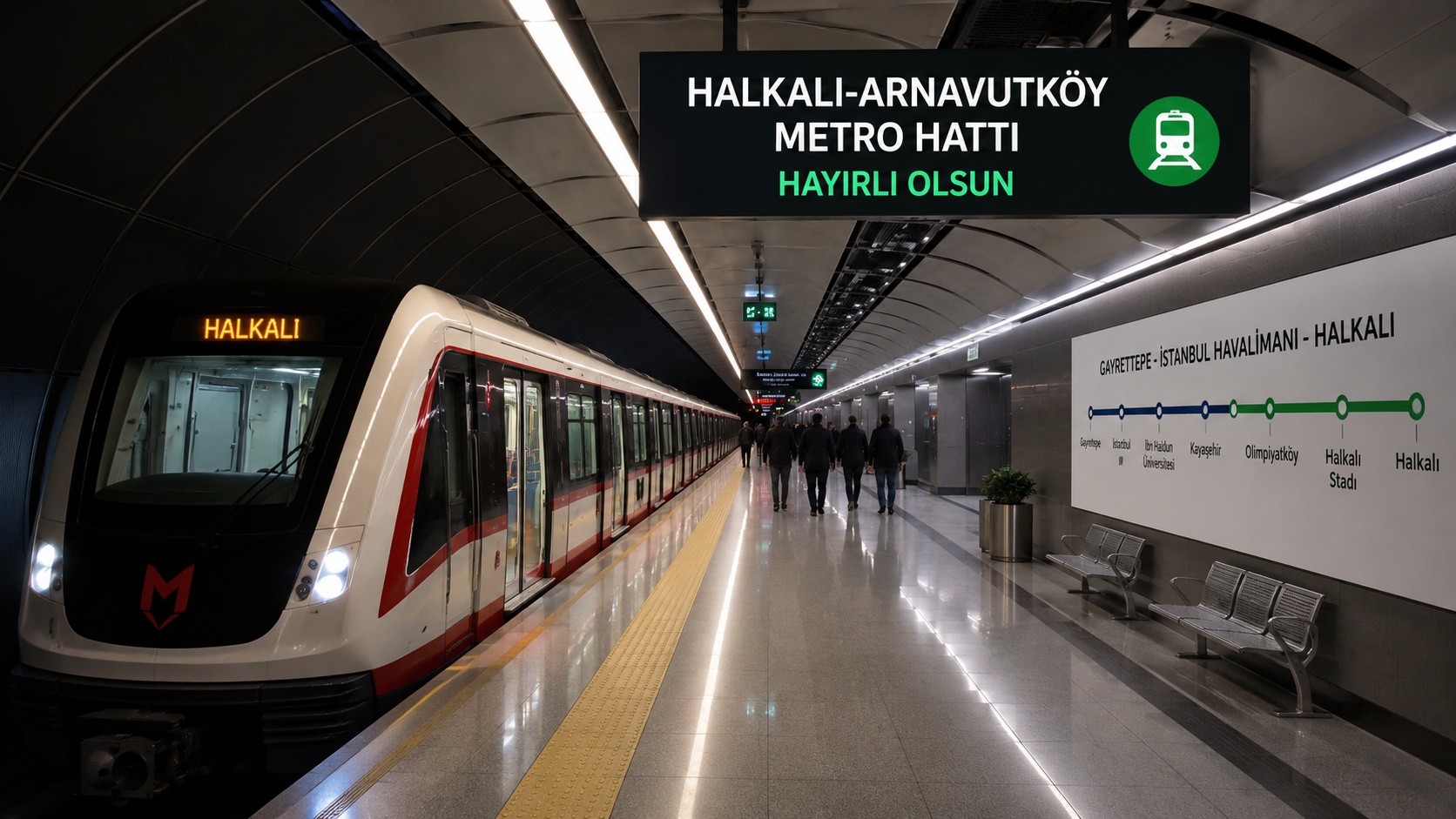 İstanbul’da hizmete giren Halkalı-Arnavutköy Metro Hattı kapsamında modern metro treni ve istasyon görüntüsü.