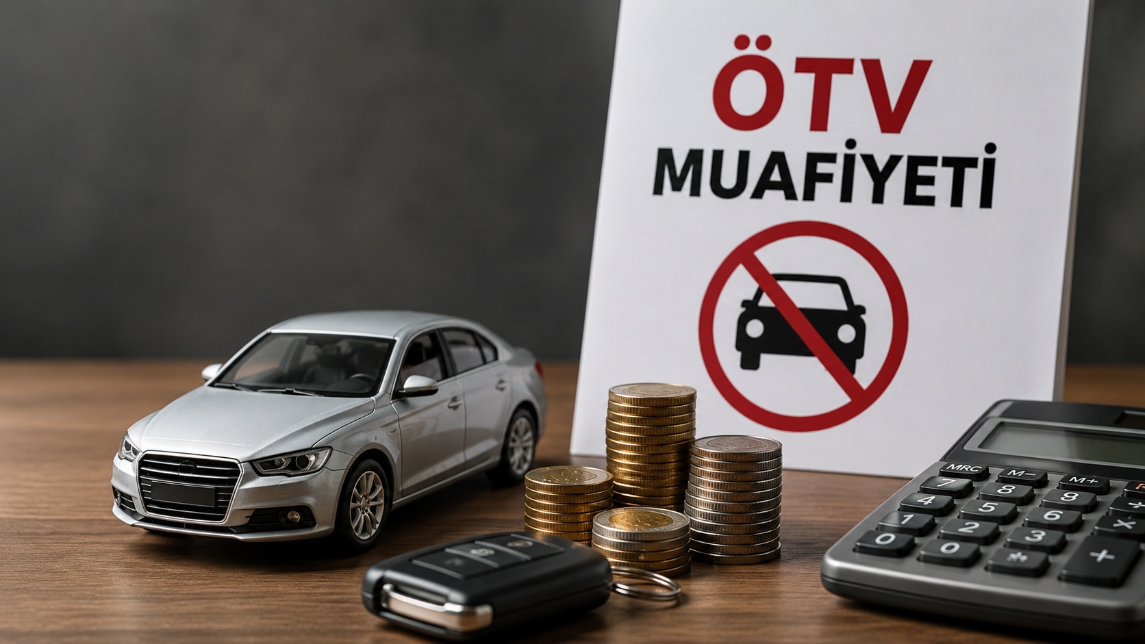 ÖTV muafiyetli araç düzenlemesini temsil eden otomobil, araç anahtarı, madeni paralar ve hesap makinesi