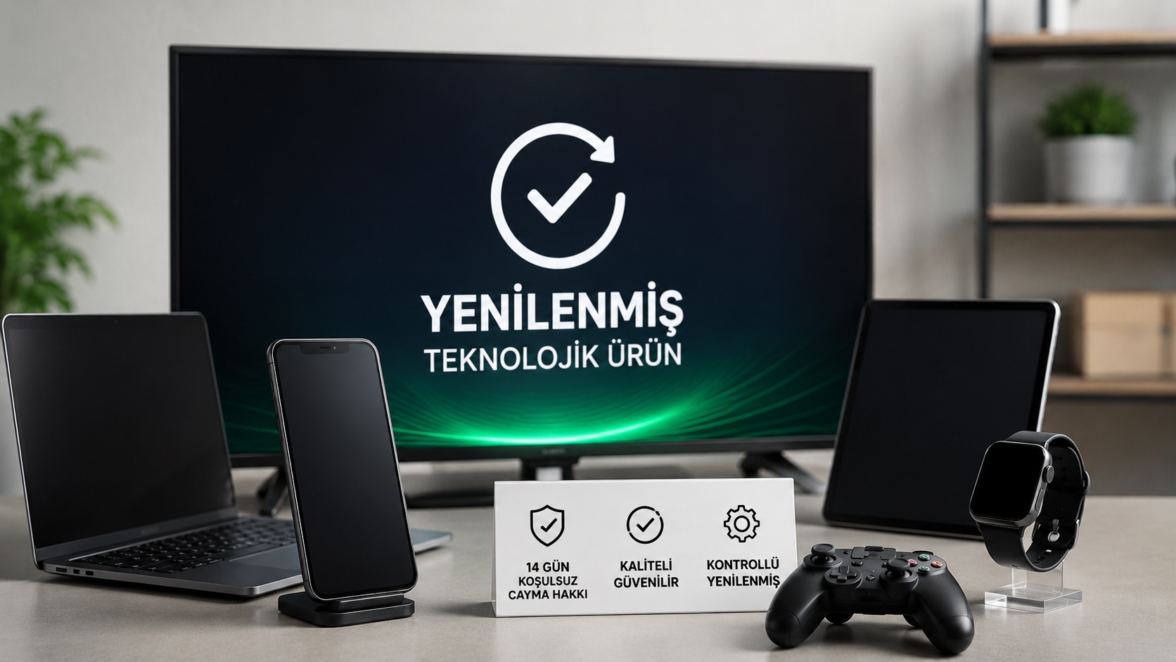 Yenilenmiş teknolojik ürünleri temsil eden televizyon, telefon, tablet, bilgisayar, akıllı saat ve oyun konsolu ekipmanlarının yer aldığı görsel.