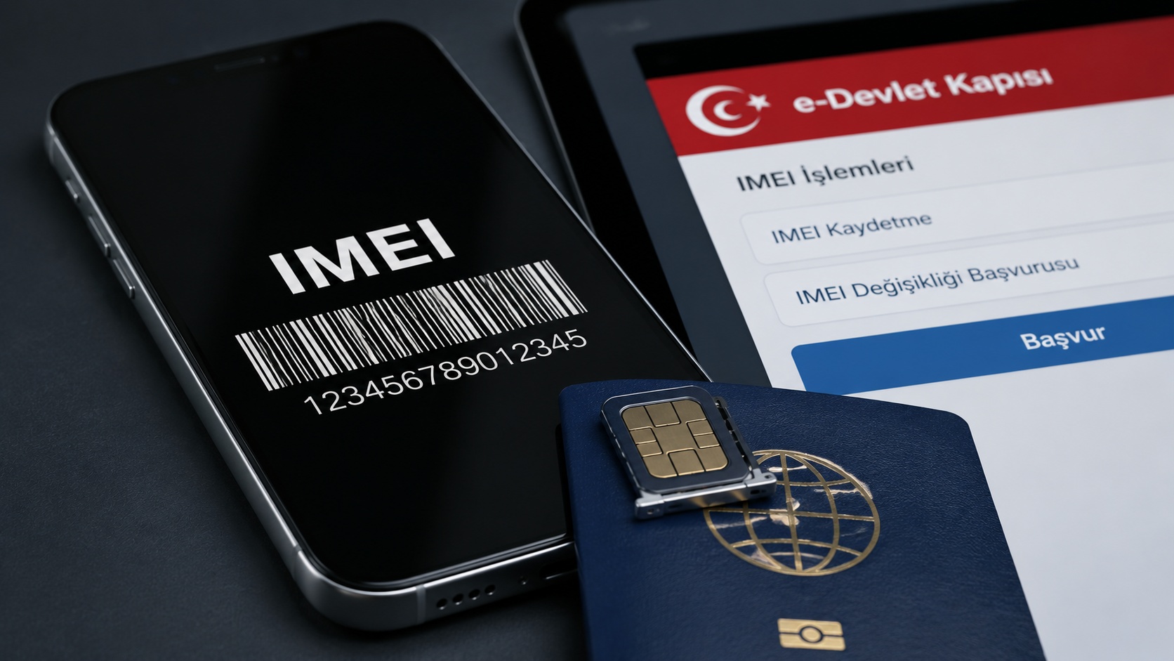 BTK'nın yeni IMEI düzenlemesini temsil eden akıllı telefon, IMEI ekranı ve e-Devlet üzerinden cihaz kayıt işlemleri.
