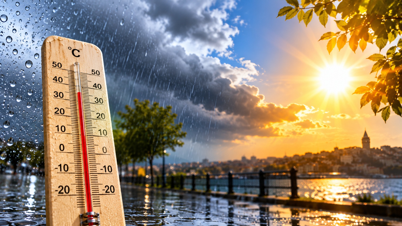 Meteoroloji Genel Müdürlüğünün yağış ve sıcak hava uyarısını temsil eden yağmur bulutları, güneşli hava ve termometre görseli.